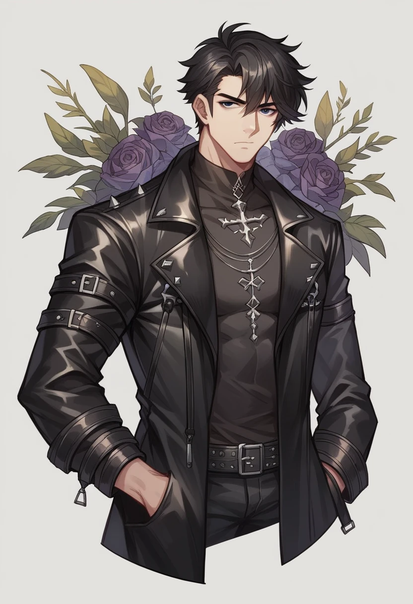 Masterpiece, Best Quality, 1 man, adult, male focus, Alone, medium black hair, vibrant black eyes, looking at the viewer, Closed mouth, Emo, fantasy aesthetic, Very detailed, Shadowverse style, leather coat
