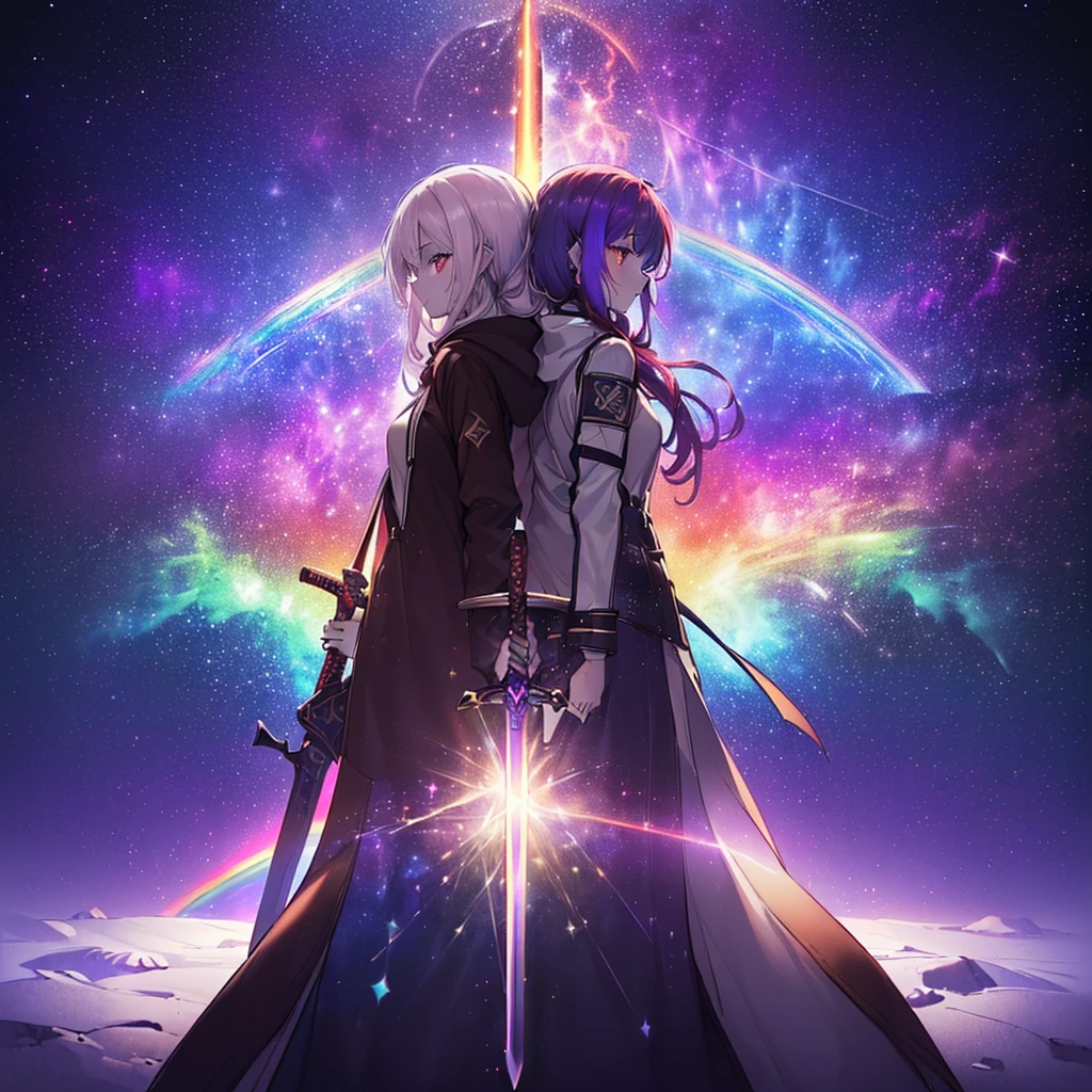 (((((Two Women、back to back、Holding a sword Galaxy Background、Shine))))) ((((Fantasy Rainbow colors、Long Hair Dull red eyes High Neck Hoodie Put on a coat without putting your arms through it)))) (((Lonely despair))) ((tears gloves)) (Distorted Space-Time star moon) Catch the wind Shine背景 Particles of light, Shineエッジ
