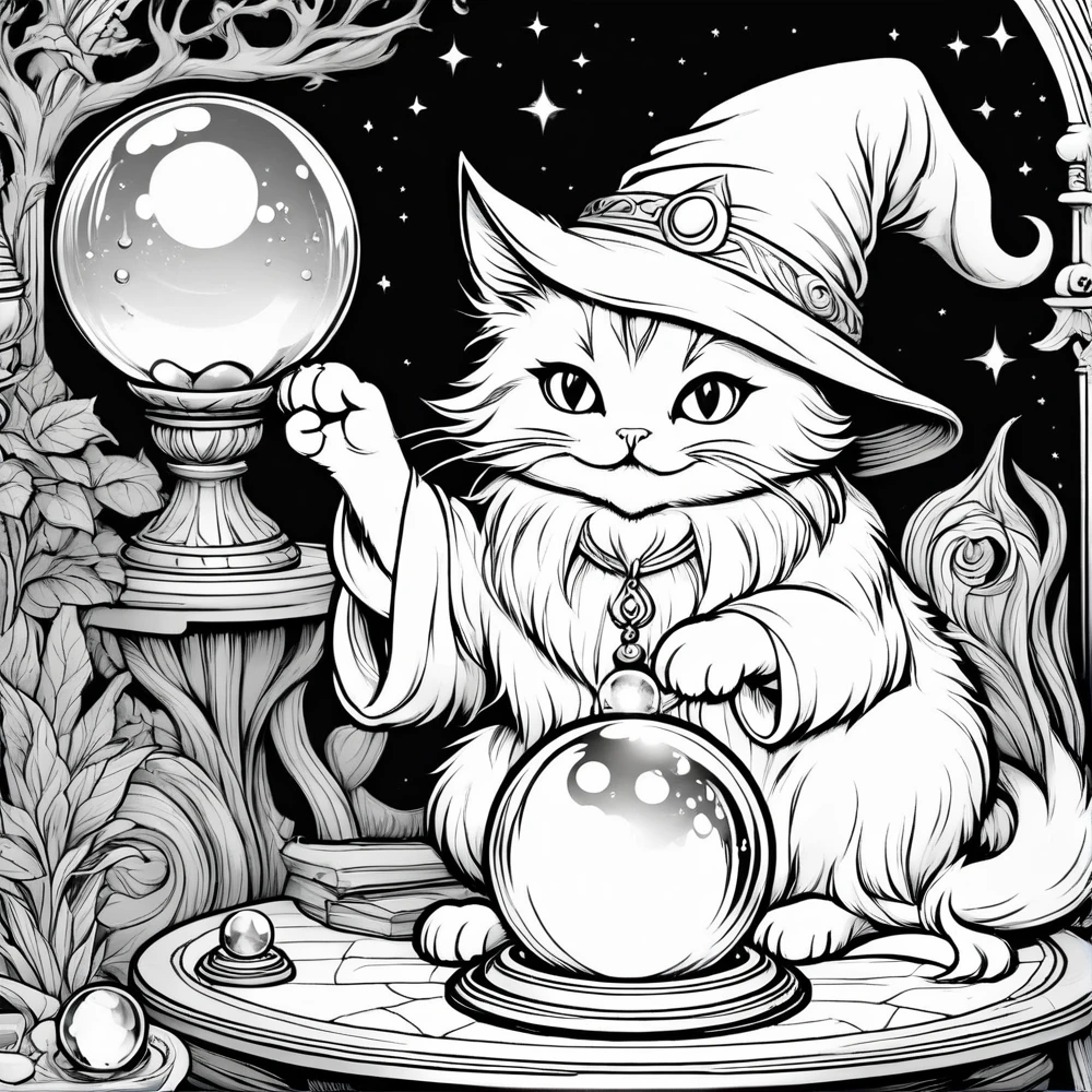 Create a coloring book with no color at all. A wizard cat is telling fortunes with a crystal ball placed on a table. The cat is wearing a white witch hat. I'm holding my hand over the crystal ball.