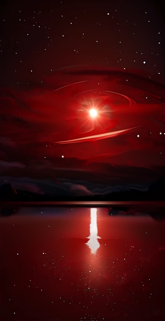 "Obra maestra surrealista. calidad excepcional. detalles sorprendentes. Surreal CG rendering of a dark red moon rising above a tranquil lake surrounded by red clouds, autoiluminado, Large area of clouds and fog in luminous tones, celestial lighting, Cosmic illumination, Experience the fusion of abstract and realistic elements. Colores vibrantes y contrastantes. Mysterious atmosphere. Surrealist technique in the representation of objects and figures. Organic textures and shapes. Dreamlike inspiration. Surprising composition and perspective. Adentrarse en un mundo surrealista lleno de sorpresas y emociones."