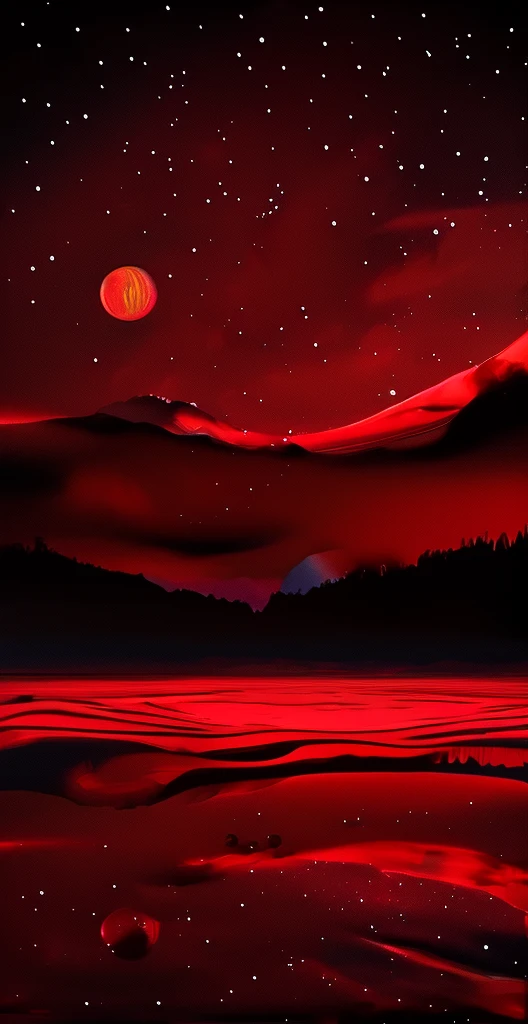 "Obra maestra surrealista. calidad excepcional. detalles sorprendentes. Surreal CG rendering of a dark red moon rising above a tranquil lake surrounded by red clouds, autoiluminado, Large area of clouds and fog in luminous tones, celestial lighting, Cosmic illumination, Experience the fusion of abstract and realistic elements. Colores vibrantes y contrastantes. Mysterious atmosphere. Surrealist technique in the representation of objects and figures. Organic textures and shapes. Dreamlike inspiration. Surprising composition and perspective. Adentrarse en un mundo surrealista lleno de sorpresas y emociones."