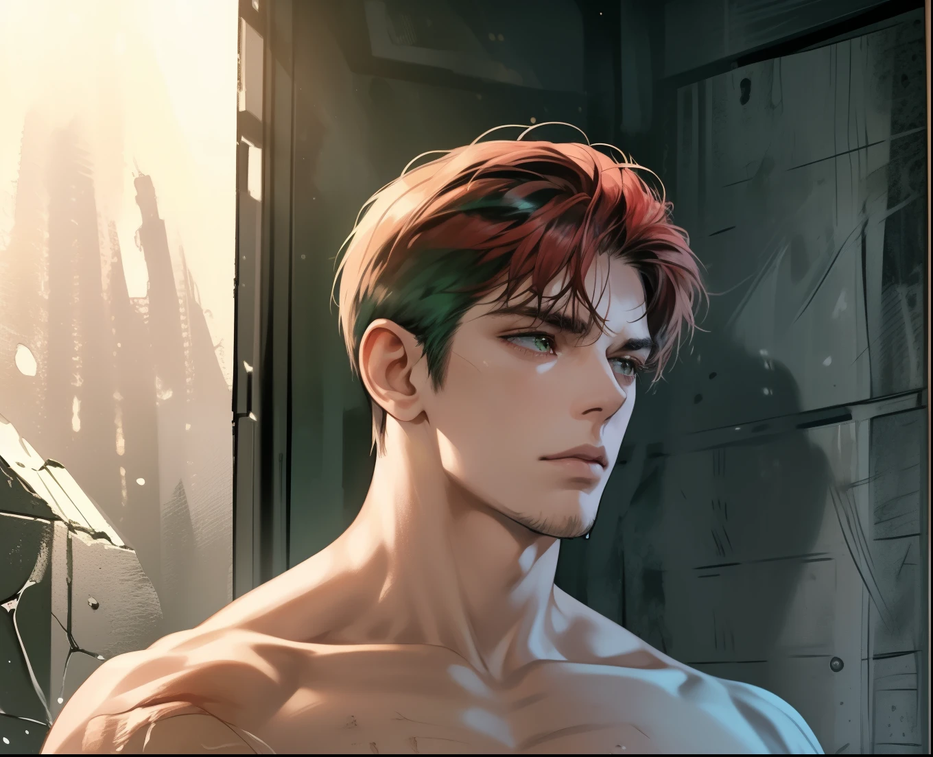 (best quality detailed image beautiful image 8K photorealistic dramatic shadows 1:1) (digital art digital illustration) (camera focused on face and body) (cold colors dim darkness) background of a room Art 29 year old cold man very handsome ((red short hair in wild style)), naked, ((beautyful green willing eyes 4.5)), ((nervous and serious expression perfect face perfect lines)), ((place in a dark room)), ((messy short hair), handsome, ((Male square face)), short beard, Natural athletic body, masculine body, no clothes, no shirt, naked body, room, Long bangs over the face, Natural body, drops of water on his body, smooth abdomen, robust body, Excited, Wide back, touching his penis