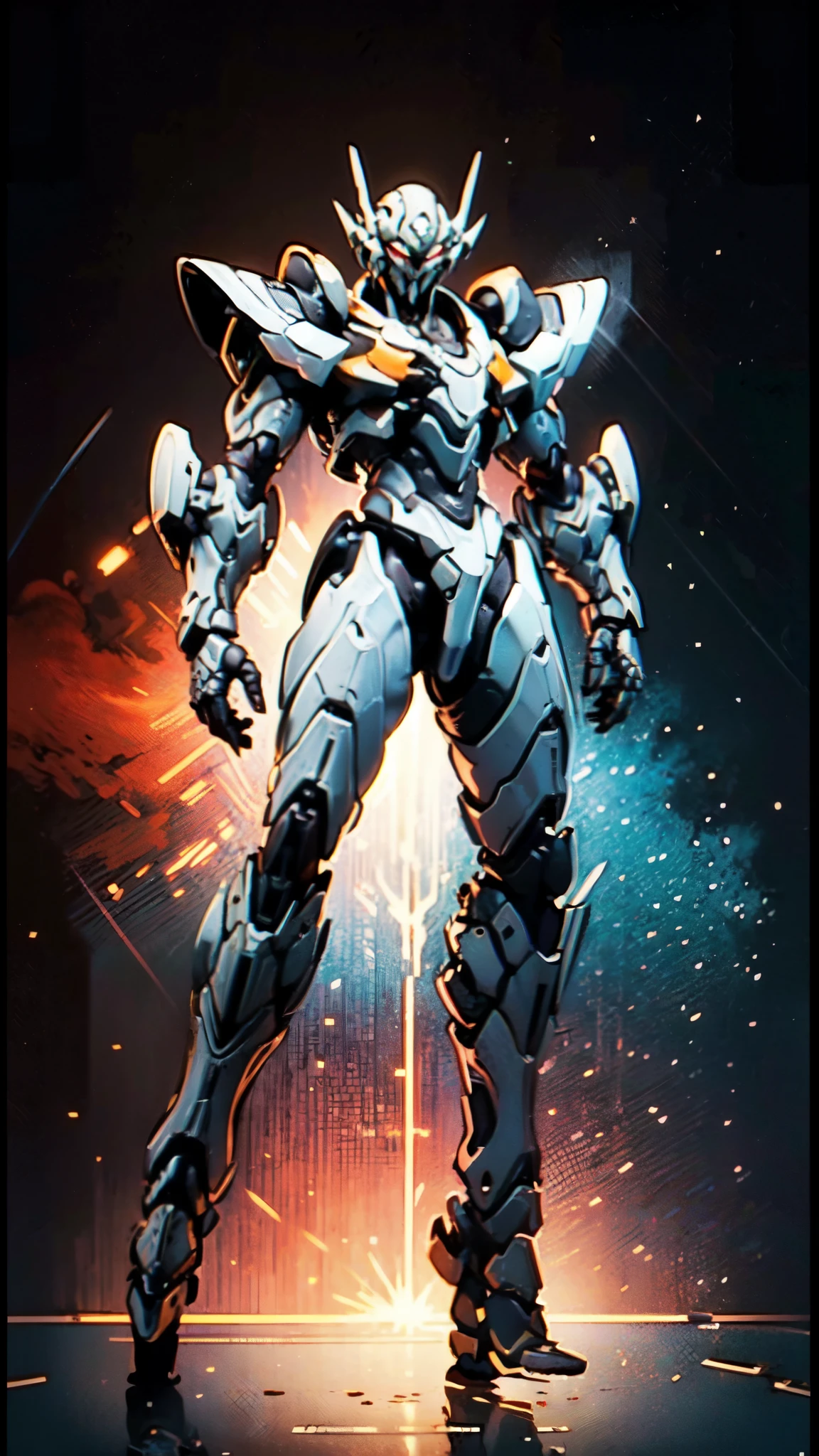 (masterpiece:1.5, best quality:1.5, extremely delicate:1.5), humanoid Mecha, fully enclosed shoulder guards, matching arm and leg guards, full body, full armor, the design balances heavy with agility, (the color scheme is primarily white with red and blue accents, the concept Inspired by Super robot, organic biotech armor, standing, floating high above the futuristic sci-fi city), exquisite and mature art style, (aura effect, energy, glowing eyes, the armor glows), metallic, dramatic, high definition, highres, ultra-detailed, ultra-fine painting, professional, perfect body proportions, anatomically correct, symmetrical face, extremely detailed eyes and face, high quality eyes, creativity, RAW photo, UHD, 32k, Natural light, cinematic lighting, masterpiece-anatomy-perfect