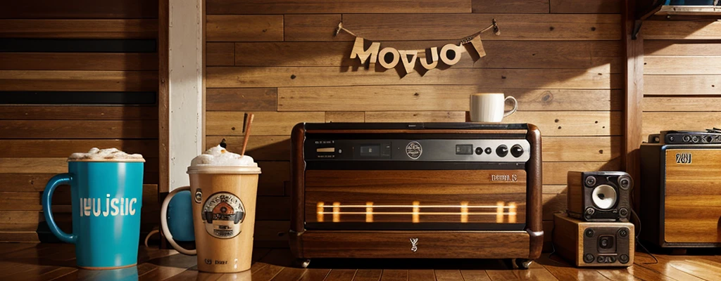 generate a banner that is with the mug that filled with hot drink and with music jukebox next to it and sitting on the wooden table
