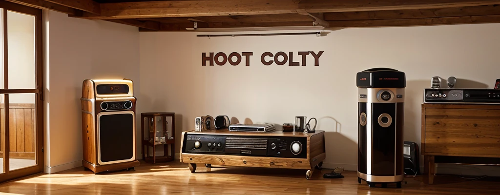 generate a banner that is with the mug that filled with hot drink and with music jukebox next to it and sitting on the wooden table