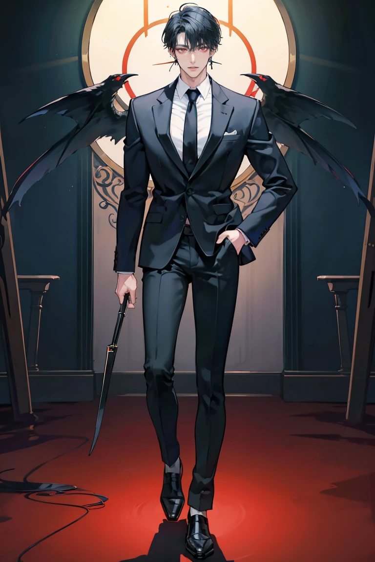 (masterpiece), best quality, seductive eyes, perfect face, handsome man, red eyes, short messy black hair, long nose, business suit, black necktie, black fitted pants, full body, extremely tall man, long legs, long calves, anime cover, 1boy, ear piercings, hands in pockets, adult-like look, big bike