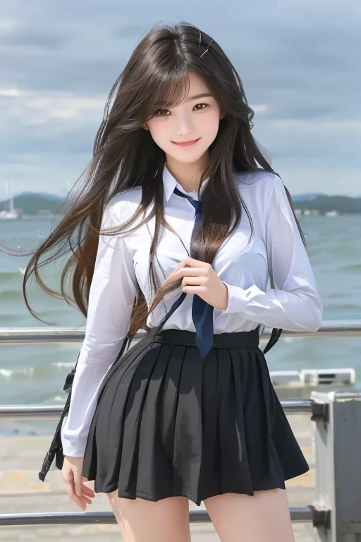 Beautiful girl in a  standing on a pier,girl with long hair.beautiful high school girl.cute girl
