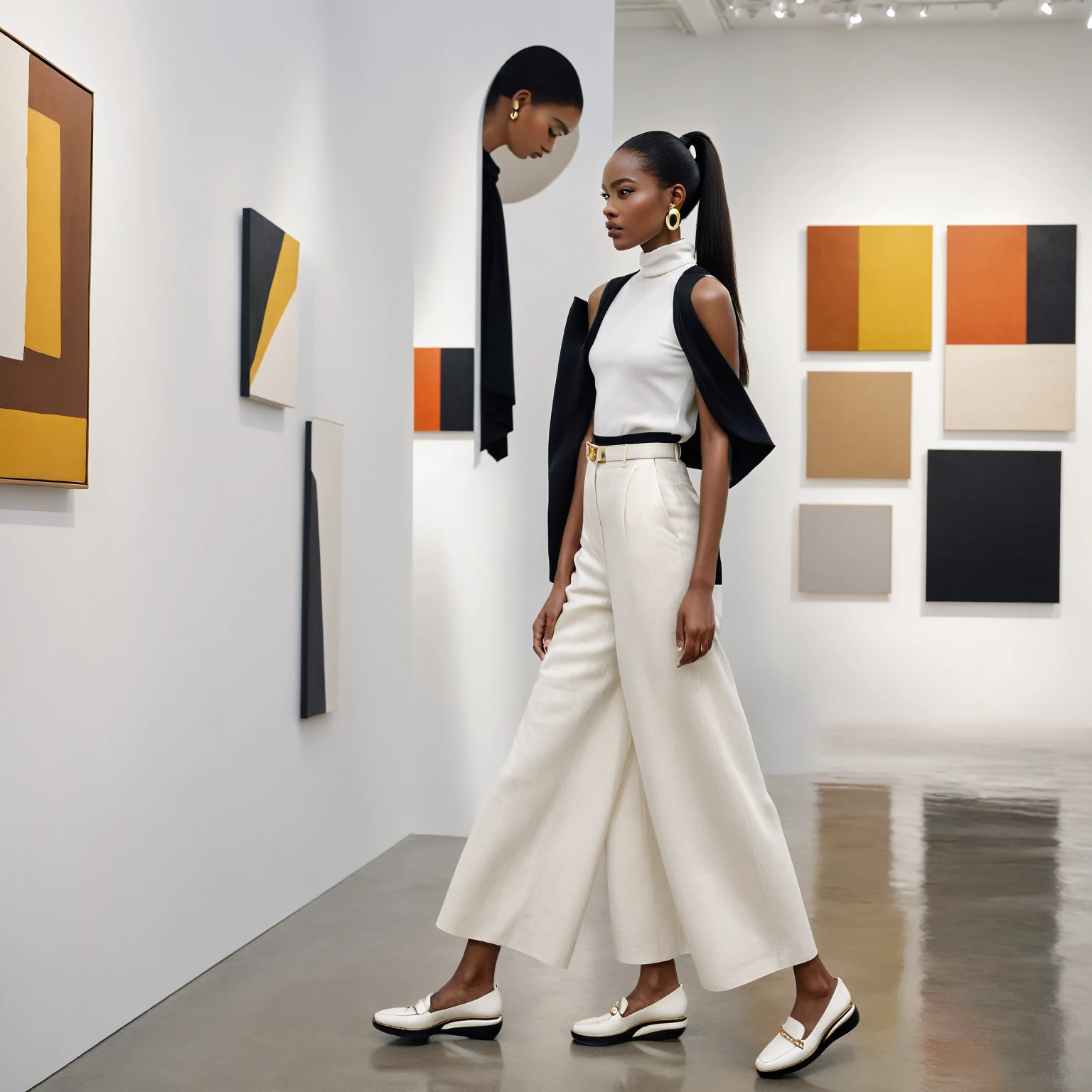 A high-resolution, cinematic photo of a black model with sleek, straight hair in a ponytail, gazing intently at abstract paintings in a minimalist art gallery. She embodies minimalist chic in a black, sleeveless turtleneck and crisp white, wide-leg linen trousers. White loafers with chunky platform soles and a gold chain detail add a touch of modern edge. A beige pebbled leather convertible bag, transformed into a clutch, is grasped tightly in her hand. The stark white gallery walls are illuminated by dramatic lighting, highlighting the single geometric silver earring that adorns her ear. Guests dressed in chic attire mingle in the background, completing the sophisticated atmosphere of the minimalist chic gallery opening.