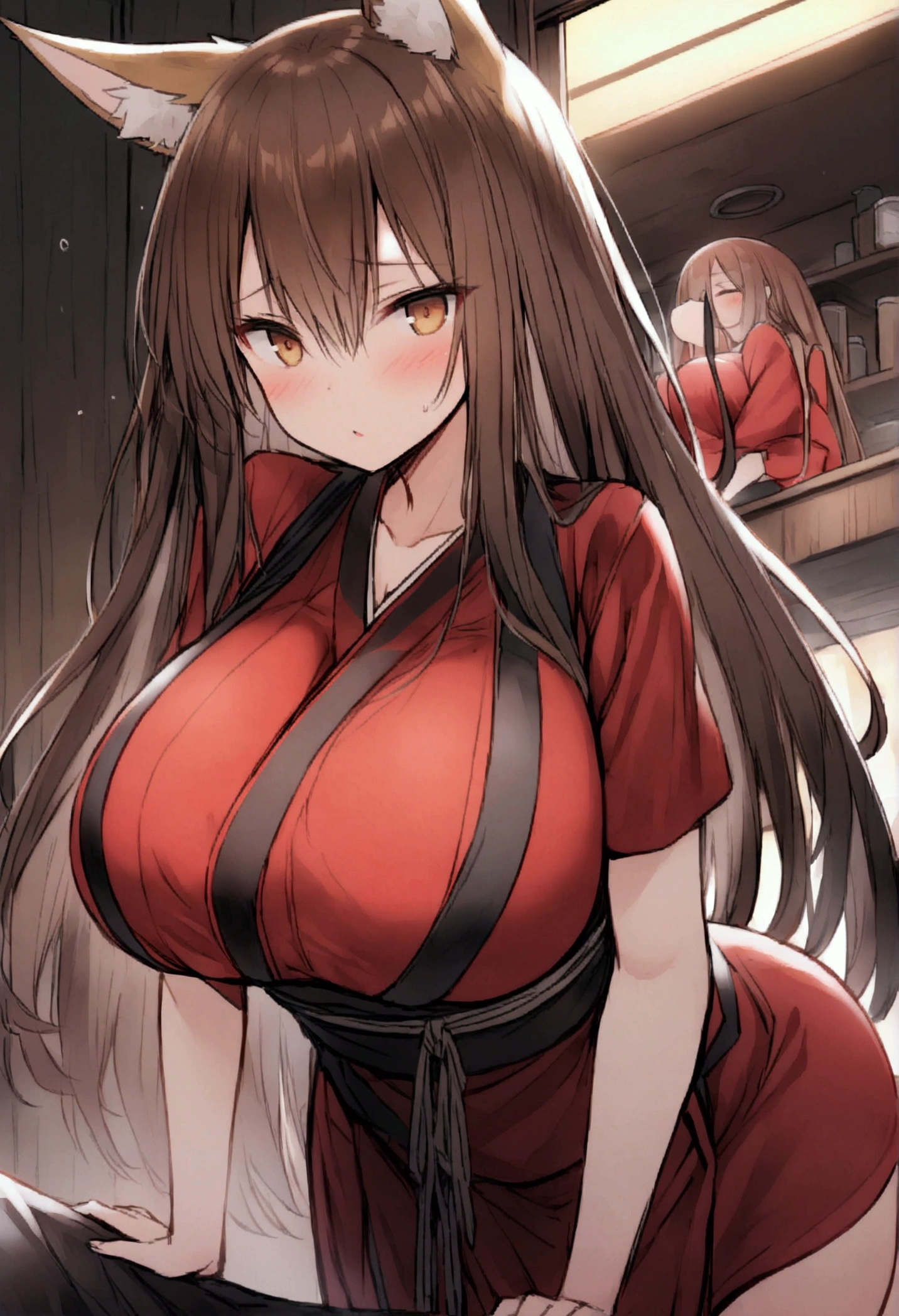 Azur Lane、((Amagnagi))、((Brown Hair)),(long hair)、Sodium Bicarbonate Ship、Big Breasts、(Fox ears)、((Red and black kimono))