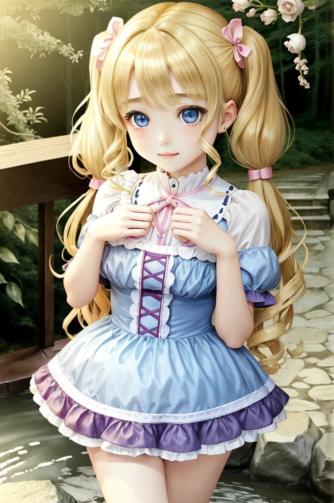 (8K、Top image quality、top-quality、masterpiece)、1 girl((Lori))、((Blonde curly hair twin tails))、Wavy Hair、blue eyes、Sakura Kinomoto(Cardcaptor Sakura)、Hair color is blonde-golden、Hair color is blonde-golden、Hairstyle is very short、Hairstyle is intake、Short length of hair up to at the neck、Splashing hairs on the top of the head、eyes are very, very large,Light blue eyes、Light blue eyes、Light blue eyeballs、Left and right symmetrical eyes、Saint a girl、Innocent、The most beautiful girl in the world、Eternal Girl、Angelic cuteness、 Fluffy smile, (perspiring:1), Perfect fingers、Pink Gothic Lolita Fashion、Gothic lolita、small moderate breast、M-shaped legs、full of sweat、perspiring、tea shop、poseing、natta