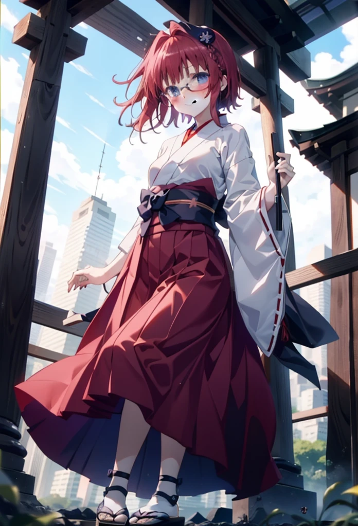 Meia Kurosaki,Meia Kurosaki,Redhead,Long Hair,Long braids,Purple eyes,Glasses, (Small breasts:1.2),Shrine maiden, 白いkimono, kimono, As with the skirt, Wide sleeves, Long sleeve, Red too,Long skirt,White tabi,Sandals,smile,blush,Sleeves edged with ribbon, whole bodyがイラストに入るように,
break looking at viewer,whole body,
break outdoors, shrine,torii,
break (masterpiece:1.2), Highest quality, High resolution, unity 8k wallpaper, (shape:0.8), (Beautiful attention to detail:1.6), Highly detailed face, Perfect lighting, Extremely detailed CG, (Perfect hands, Perfect Anatomy),