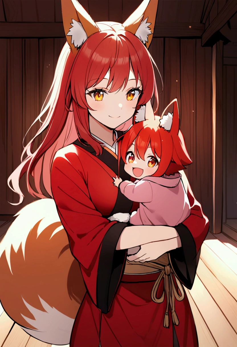 1girl with long red hair, amber eyes, fox ears, fox tail, red kimono, carry children,wooden house, smiling
