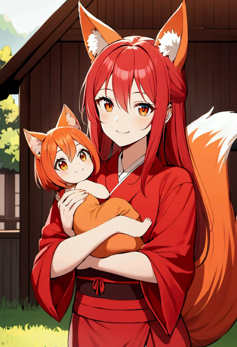 1girl with long red hair, amber eyes, fox ears, fox tail, red kimono, carry children,wooden house, smiling