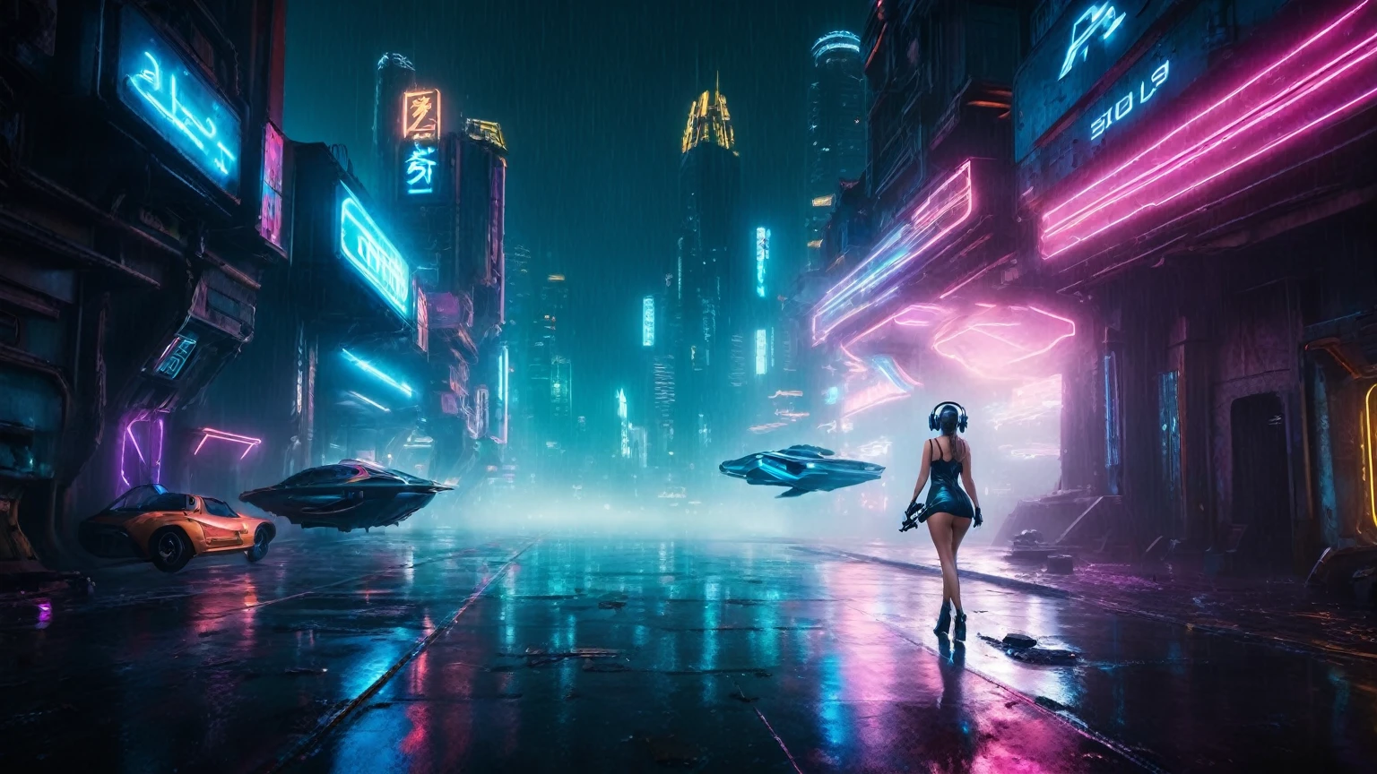 (aerial view, a flying cars docking platform, a very dark abandoned futuristic city, neon lights), rainy night. (((1girl, solo, alone))), large-breast:1.2 slim body, cleavage:1.1, sexy wind blowing wet dress:1.4, (((headphone, black sunglasses, standing and holding pistol:1.8, dynamic rushing pose))), (((((half-body thigh level medium shot))))), cinematic lighting, lens flare, ray tracing.