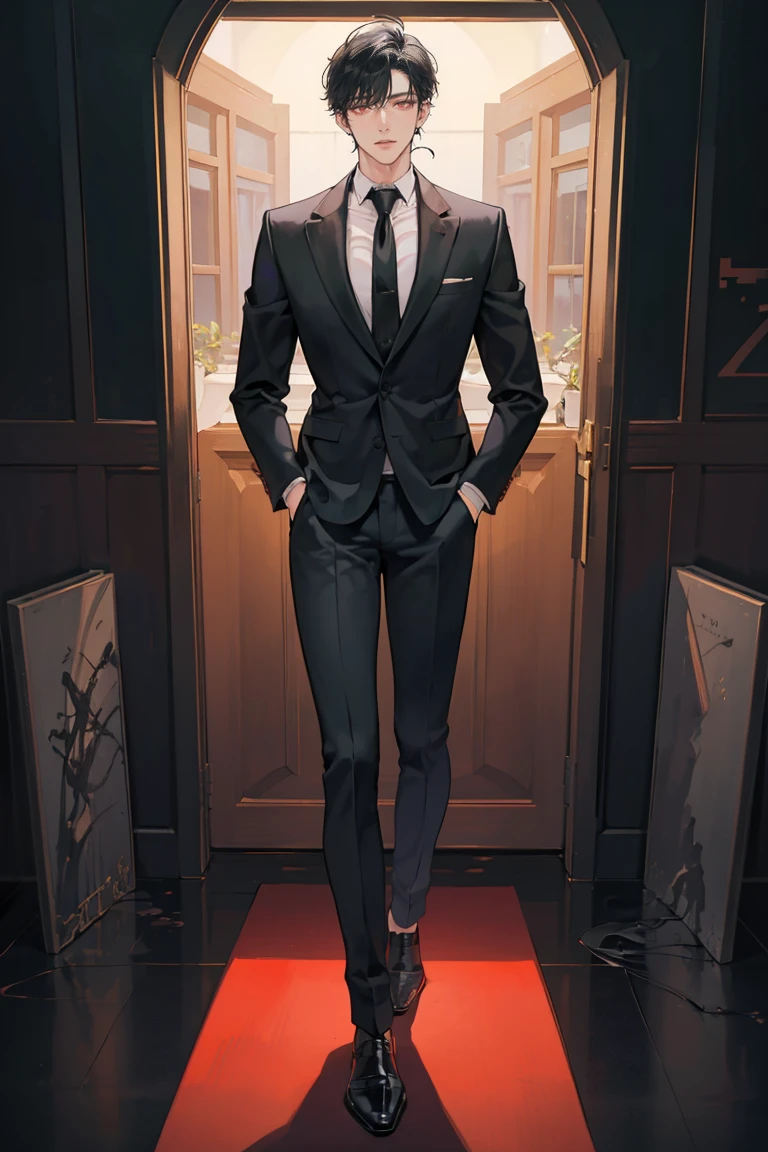(masterpiece), best quality, seductive eyes, perfect face, handsome man, red eyes, short messy black hair, long nose, business suit, black necktie, black fitted pants, full body, extremely tall man, long legs, long calves, anime cover, 1boy, ear piercings, hands in pockets, adult-like look, big bike