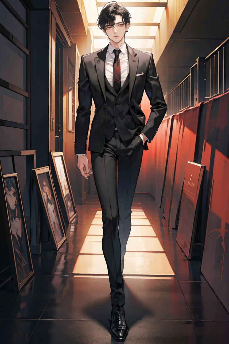 (masterpiece), best quality, seductive eyes, perfect face, handsome man, red eyes, short messy black hair, long nose, business suit, black necktie, black fitted pants, full body, extremely tall man, long legs, long calves, anime cover, 1boy, ear piercings, hands in pockets, adult-like look, big bike