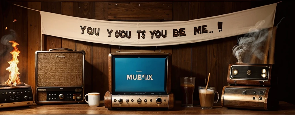 generate a banner that is with the mug that filled with hot drink with smoke comes up and with music jukebox next to it and sitting on the wooden table. It should look very old