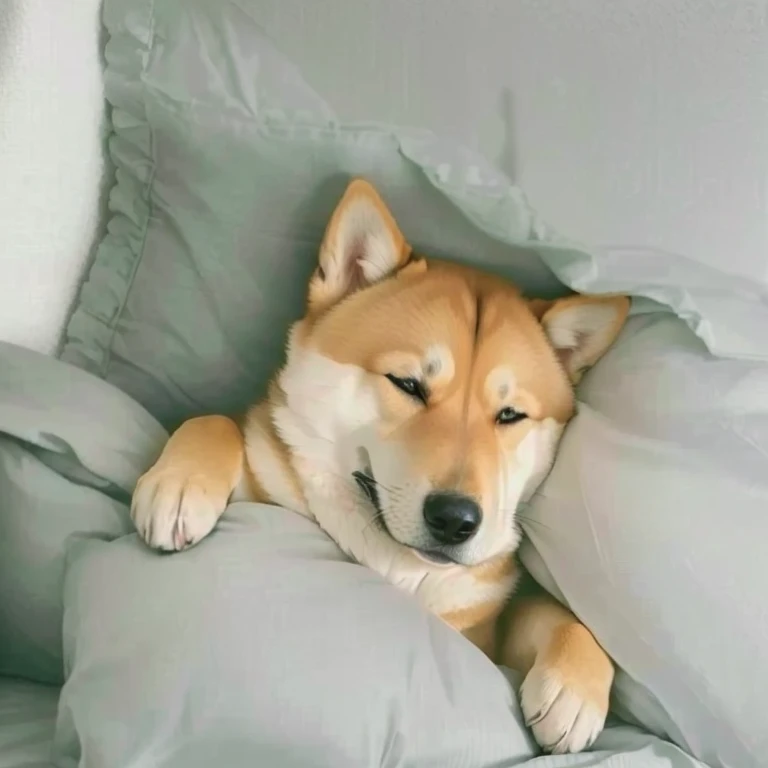 theRe is a dog that is laying down on a bed, Someone is sitting on the bed, Governor, Dog, Shiba Inu, he is veRy Relaxed, Japanese Dog, Governor meme, Shiba Inu dog, stand up, cute dog, Lying in bed, She has a cute face, sleepy expRession, kawaii cute dog, R/Ahhh