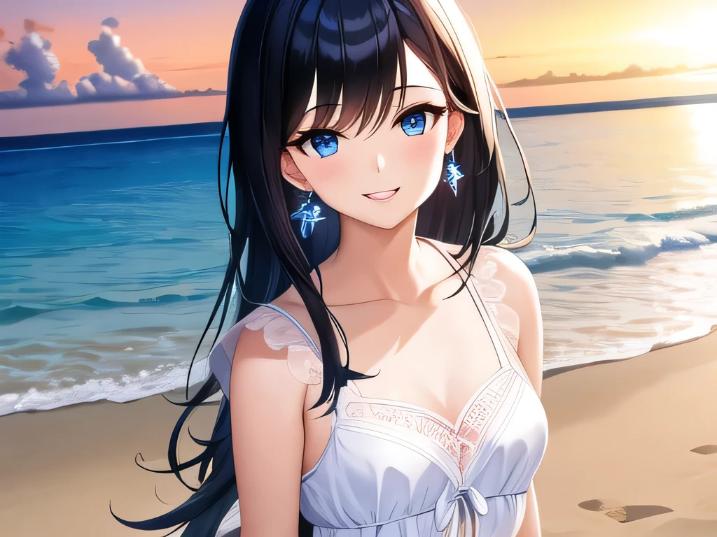 (masterpiece), Highest quality, blue eyes, light black hair,Medium Hair、Expressive eyes, Tropical seaside,Beautiful sunset、Walking on the white sand beach、 highlight, Dramatic Light, Earrings、Smiling face、((Small breasts))、White blouse、whole body、