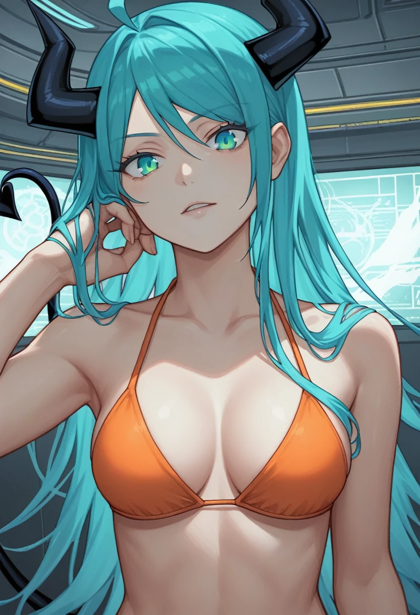 score_9, score_8_up, score_7_up,1 daemon woman, black  horns, black demon tail, (aquamarine hair),aquamarine green color hair,ahoge, long hair, (long hair),bangs, light orange bikini, bikini is orange, bikini orange, orange bikini!, (aquamarine eyes), background is spaceship, aquamarine eyes, 1woman ,facing viewer, daemon girl,  close up,Well-endowed, alone, Spacecraft interior, sexy pose