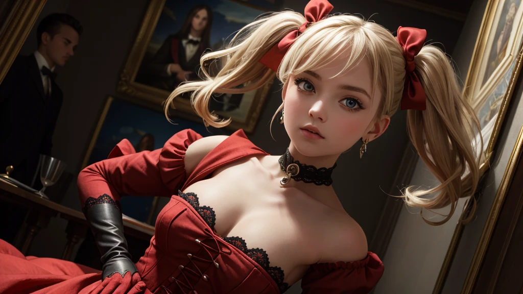 ((top quality,8k wallpaper)),(masterpiece,best quality:1.2),(high_resolution:1.2),(ultra details:1.2),extreme quality,sharp focus,detailed face+eyes,(bright colors),vivid colors,
RAW photo,dslr,soft lighting,film grain,cinematic film still,
double bun,twintails,parted bangs,circlet,jewelry,earrings,red choker,red bow,white gloves,elbow gloves,red skirt,
Low Angle shooting, super wide lens, Gothic style, bogemia, painting by Gustave Moreau style