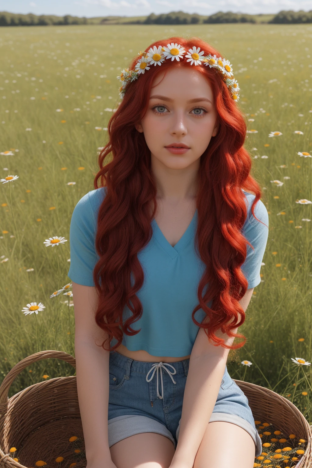 (girl:1.2),One, (long red curly red hair:1.1), Blue eyes, Wear a wreath of daisies on your head, Sitting in a chamomile field, (fruit basket:1.1), blue shorts, Red shirt,,RAW,photographic,photo shadow,valid,Ridiculous,aesthetic,elegant