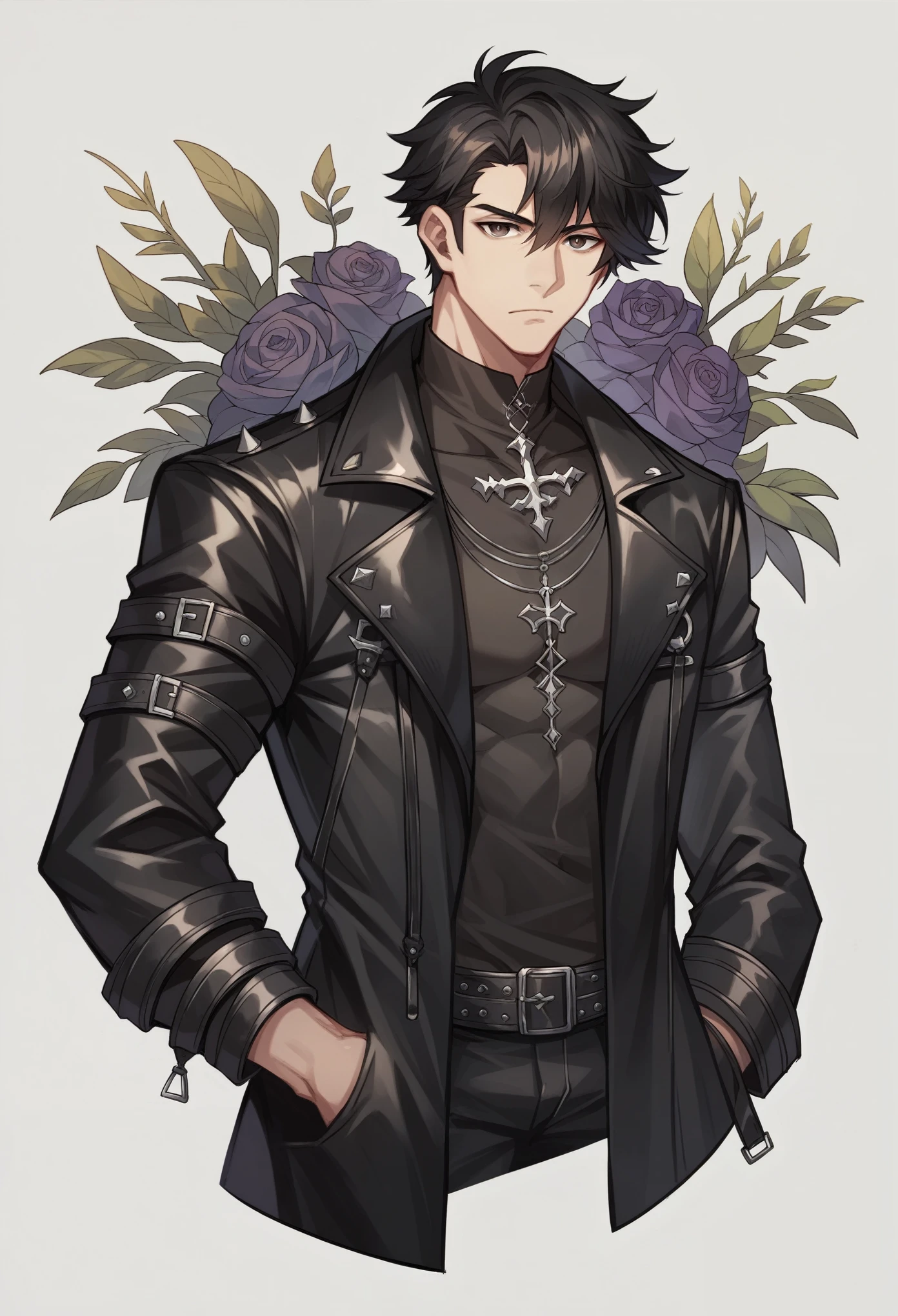 Masterpiece, Best Quality, 1 man, adult, male focus, Alone, medium black hair, vibrant black eyes, looking at the viewer, Closed mouth, Emo, fantasy aesthetic, Very detailed, Shadowverse style, leather coat