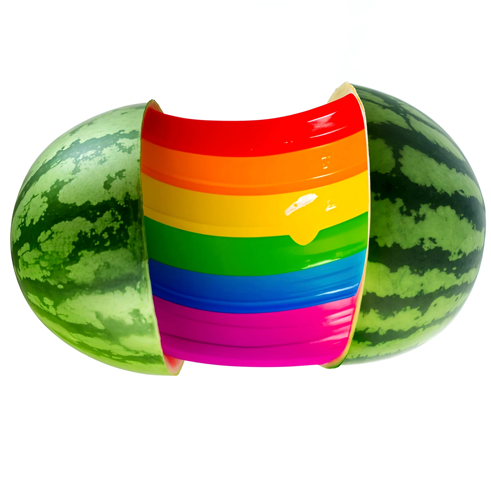 on a wooden table, Watermelon divided into two parts, Rainbow cream flows out of watermelon rind, bright lighting, Realistic style , realistic texture, detailed texture, a high resolution, high quality, macro photography
