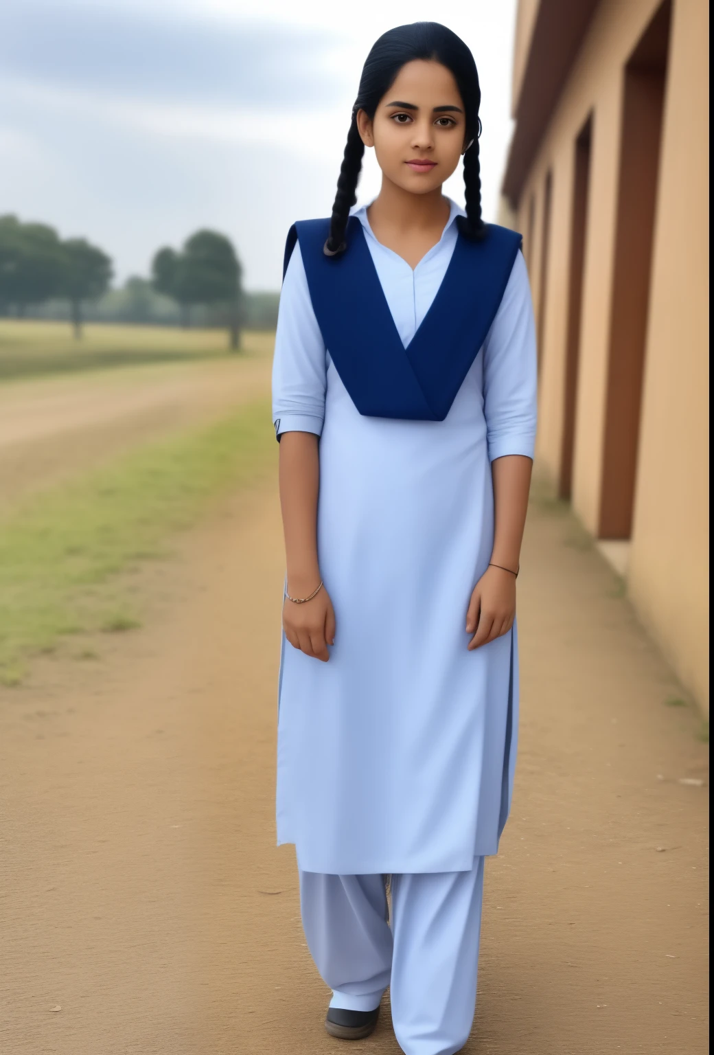 Raw photo , 1 girl  ,Wearing  salwar kameez uniform, teen school girl, with plait , professional photographer, (hdr:1.4), masterpiece, ultra-realistic 8k, perfect artwork, intrincate details, cute face, award winning photograph, (Best quality, 8k, 32k, Masterpiece, UHD:1.3) 