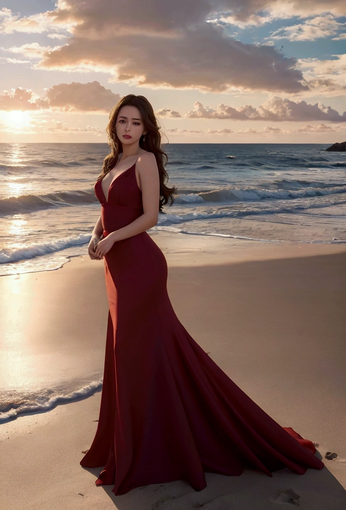a beautiful woman in a long red dress, standing on a beach at sunset, with the ocean and sky in the background, (best quality,4k,8k,highres,masterpiece:1.2),ultra-detailed,(realistic,photorealistic,photo-realistic:1.37),extremely detailed face and eyes, beautiful detailed lips, longeyelashes, golden hour lighting, warm color tones, detailed sand and waves, dramatic sky with clouds, cinematic composition
