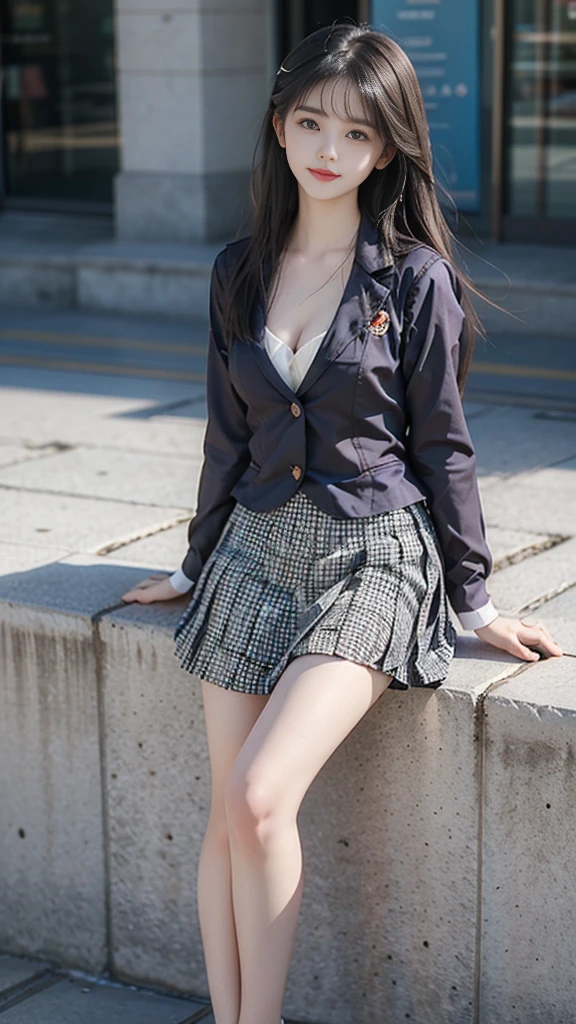 nogizaka_custom ((knee shot)), ((Shoot at random angles)), ((Visible cleavage)), ((E-cup)), ((I-type Valley)), ((Warm colors)), Long-range shooting, A beautiful woman，Elegant posture，Standing，Slender figure。Her legs are slender and straight，Cross placement，Forming a perfect diagonal composition。Head gently sideways，Long blond hair falls naturally，Gently brushing her shoulders。Soft colors，In stark contrast to her fair skin。The edge of the skirt ripples gently，As if swaying in the breeze。Her eyes were gentle，There is a faint smile on the lips。The whole picture looks very harmonious and beautiful