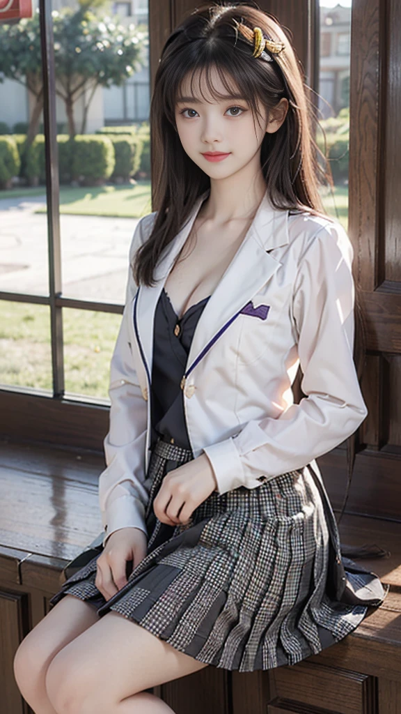 nogizaka_custom ((knee shot)), ((Shoot at random angles)), ((Visible cleavage)), ((E-cup)), ((I-type Valley)), ((Warm colors)), Long-range shooting, A beautiful woman，Elegant posture，Standing，Slender figure。Her legs are slender and straight，Cross placement，Forming a perfect diagonal composition。Head gently sideways，Long blond hair falls naturally，Gently brushing her shoulders。Soft colors，In stark contrast to her fair skin。The edge of the skirt ripples gently，As if swaying in the breeze。Her eyes were gentle，There is a faint smile on the lips。The whole picture looks very harmonious and beautiful