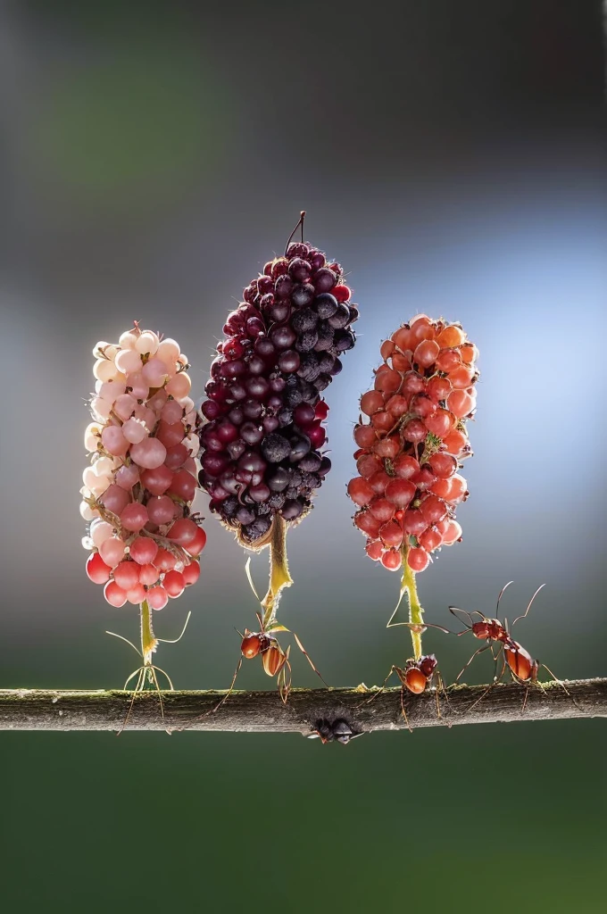 There are three ants standing on a branch with fruit, berries inside structure, award winning Macro Photography, “berries, Amazing composition, Great photosgraphy, Strange Fruit, Absolutely outstanding image, wild berries, Macro Photography, great composition, Nature photos, highly realistic photograph, Great photos, highly realistic photographgraphy, award winning Nature photos, Tiny insects, miniature photography