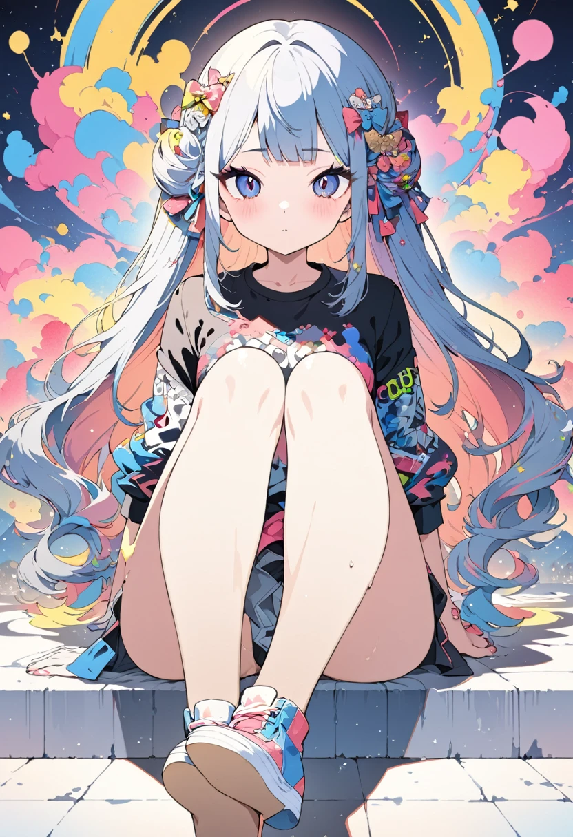 Momoko Sakura Style、8K quality、Intense watercolor,, Watercolor splash, Surreal, Avant-garde pop art, Beautiful and expressive paintings, Beautiful artwork illustration, Very colorful tones, wonderful, Cool Beauty, Highest quality、Official Art, Vector art, Stylish design, (((The most beautiful girl))), ((Thin legs))、(((Highest quality))), High resolution, ((detailed)), (((Doodle Art)), ((masterpiece)), ((Super detailed)),(((B-Girl))),(((Sitting))),((Sexual))
