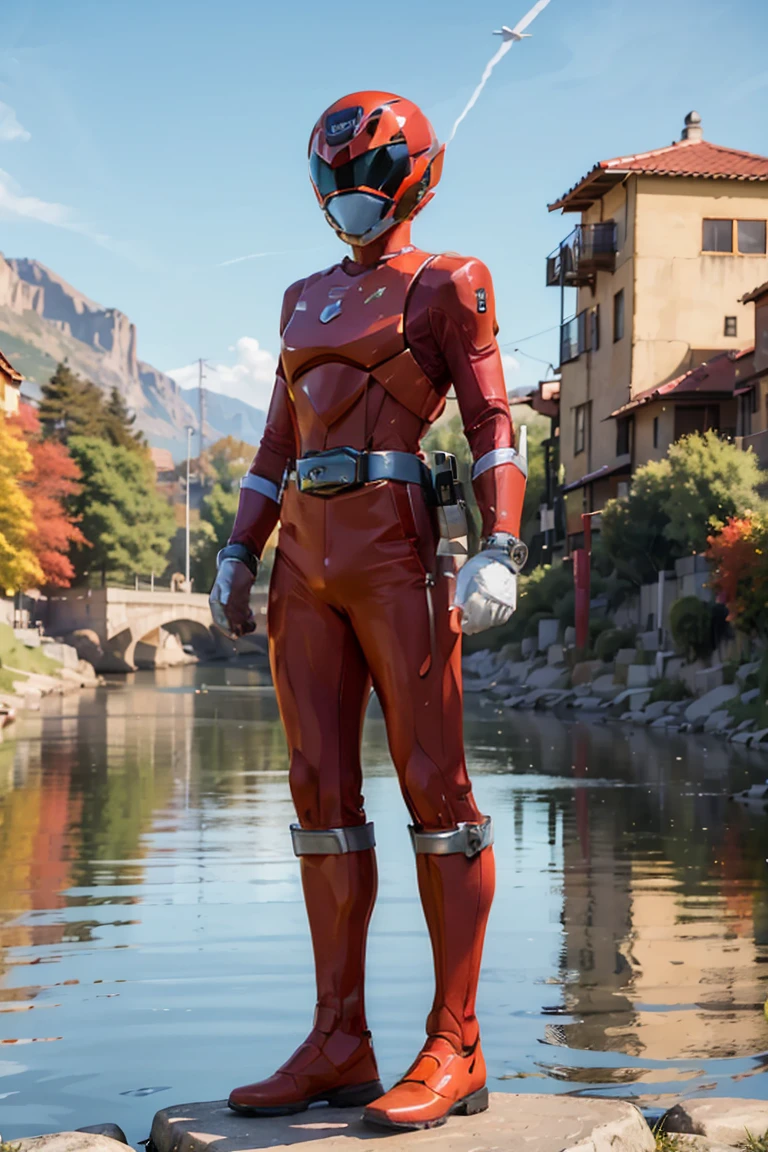 The sunset flies with the lonely geese in the distance, and the autumn river water and the vast sky are connected, icons,1boy, white, full body, Illustration, cinematic light, high resolution, best quality, ultra detailed, masterpiece, power suit, powerranger, suit, spd, (silver royal guard ranger suit), gold detail