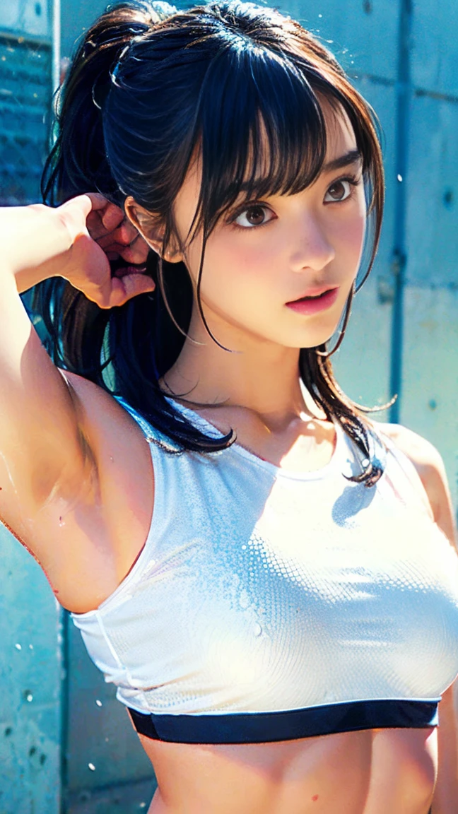 1 girl、A beautiful girl stretching his back、sweat、black long hair、wavy hair,Idol level cuteness、slender、well-shaped breasts、bellybutton、My small white sports bra is see-through with sweat.、underboob、erect nipples、long leggings、Sports sneakers、anatomically correct、accurate limbs and fingerasterpiece、full body portrait、In the gymnasium、
