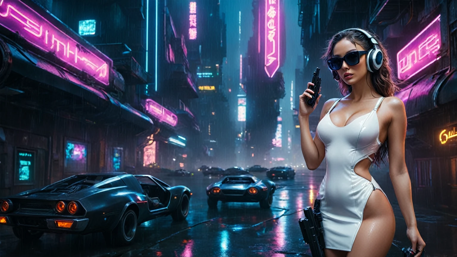 (aerial view, a flying cars docking platform, a very dark abandoned futuristic city, neon lights), rainy night. (((1girl, solo, alone))), large-breast:1.2 slim body, cleavage:1.1, sexy wind blowing wet dress:1.4, (((headphone, black sunglasses, standing and holding pistol:1.8, dynamic rushing pose))), (((((half-body thigh level medium shot))))), cinematic lighting, lens flare, ray tracing.