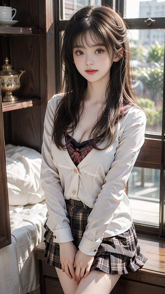 nogizaka_custom ((knee shot)), ((Shoot at random angles)), ((Visible cleavage)), ((E-cup)), ((I-type Valley)), ((Warm colors)), Long-range shooting, A beautiful woman，Elegant posture，Standing，Slender figure。Her legs are slender and straight，Cross placement，Forming a perfect diagonal composition。Head gently sideways，Long blond hair falls naturally，Gently brushing her shoulders。Soft colors，In stark contrast to her fair skin。The edge of the skirt ripples gently，As if swaying in the breeze。Her eyes were gentle，There is a faint smile on the lips。The whole picture looks very harmonious and beautiful