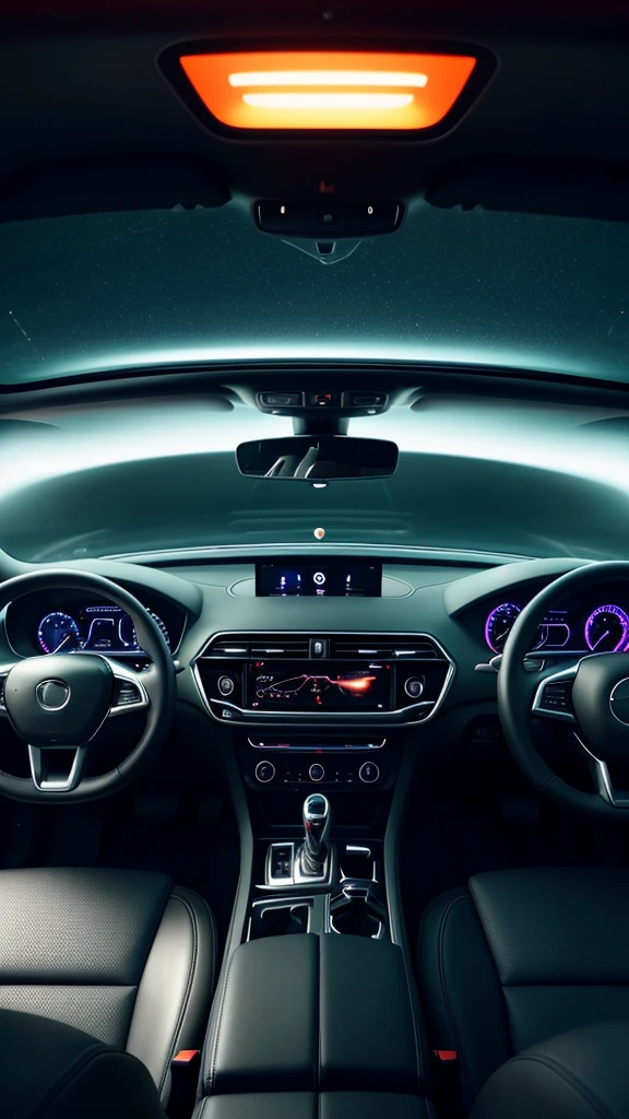 close up of a car dashboard with a digital display, a picture inspired by Otto Abt, shutterstock, bauhaus, dramatic ambient lighting, mysterious ambient lighting, inside of a car, detailed ambient lighting, glowing interior components, ambient lighting from top, bright ambient lighting, high end interior, leather interior, neon ambient lighting, ambient lighting, elegant interior, infrared ambient light