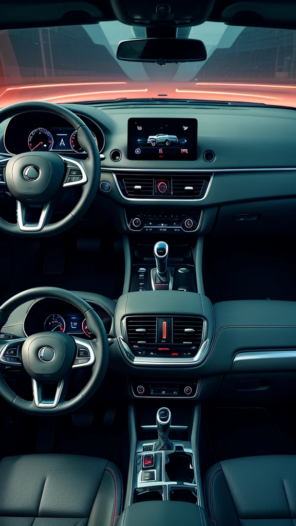 close up of a car dashboard with a digital display, a picture inspired by Otto Abt, shutterstock, bauhaus, dramatic ambient lighting, mysterious ambient lighting, inside of a car, detailed ambient lighting, glowing interior components, ambient lighting from top, bright ambient lighting, high end interior, leather interior, neon ambient lighting, ambient lighting, elegant interior, infrared ambient light