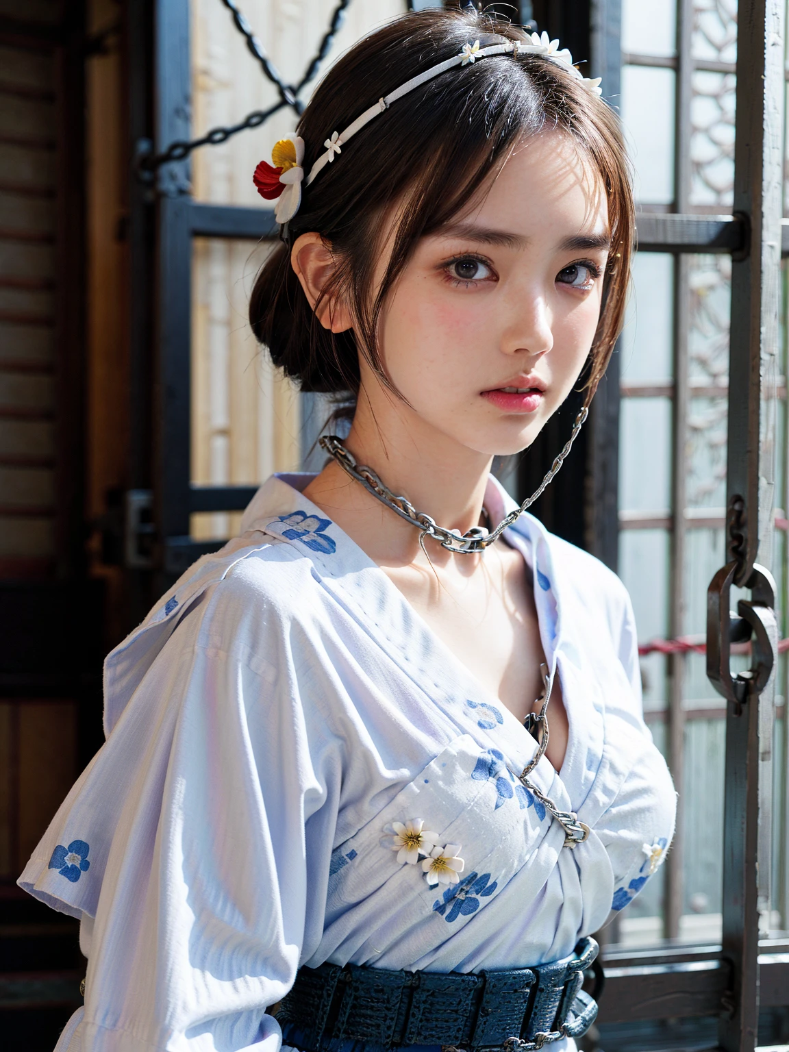 (41k4:0.72), (aika-sawaguchi:0.6), masterpiece, Best Quality, 8K, Raw photo, top-notch quality, masterpiece, (wearing white yukata with a flower pattern:1.7), (exceptionally detailed RAW color photo, professional-grade photograph), (facing viewer:1.5), (BDSM:1.6), (bondage:1.7), (shackled:2.2), (chained:1.9), (slave:1.8), (wearing slave collar:1.6), (looking at viewer:1.4), (Realistic, Photorealistic:1.37), (highly detailed skin:1.2), Ultra-high resolution, (lens 50mm), (masterpiece, top-quality:1.3), (hyper realistic:1.35), (Photorealistic:1.45), (Realistic:1.4), ((solo)), (1 pretty Japanese girl), 21 years old, Japanese idol, supermodel, pale skin, (slim:1.3), (slim body:1.25), (slender body:1.25), (narrow waist:1.35), pretty face, (large breasts:1.15), (deep cleavage:1.4)