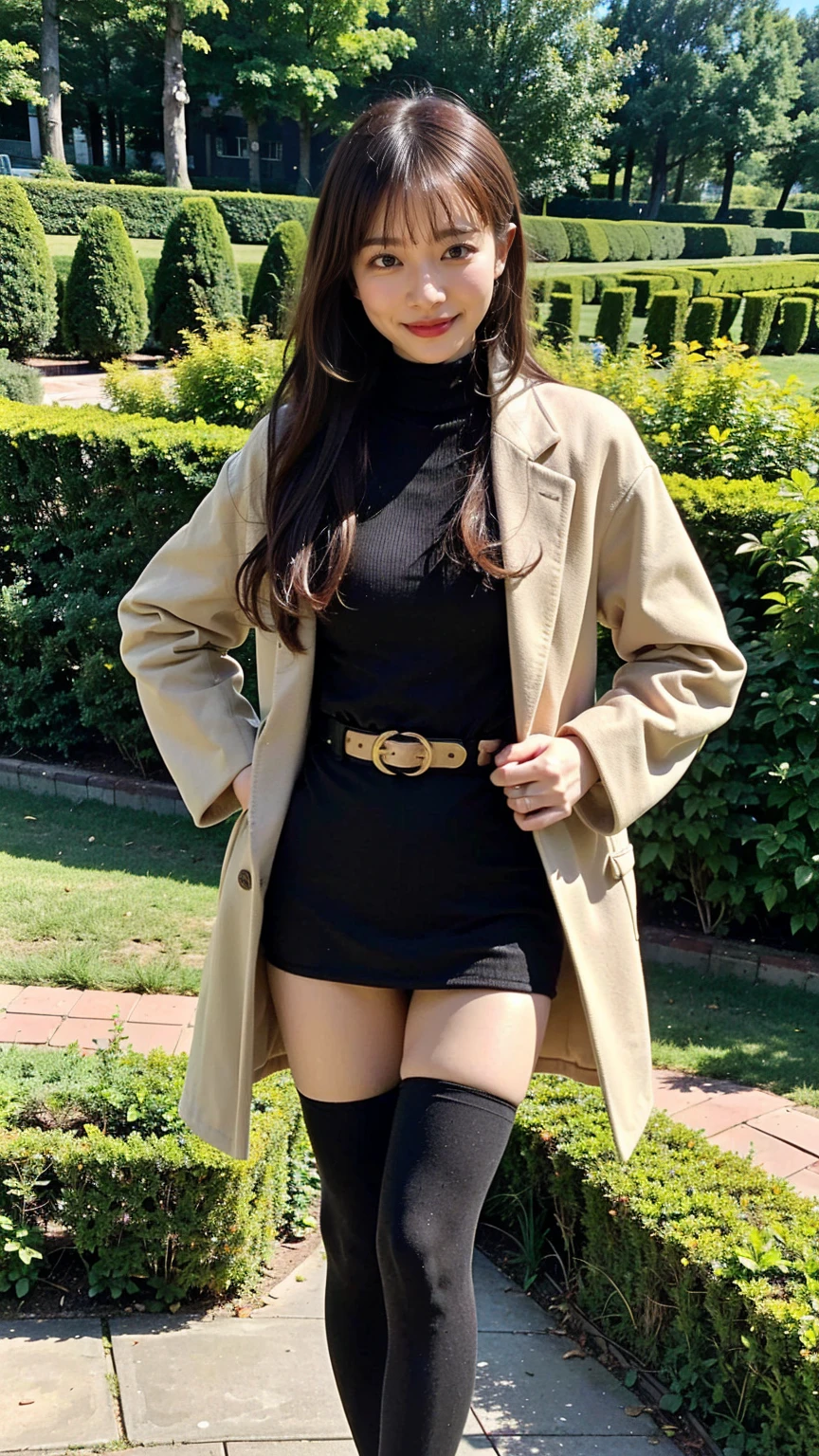 (8k、RAW Photos、Highest quality、masterpiece:1.2)、(Realistic、Realistic)、1 Girl、((Check mini skirt、long coat black、Slender legs、boots、one piece、tights、garden、View from the front、Looking at the camera、belt、Hands on your hips))、cute