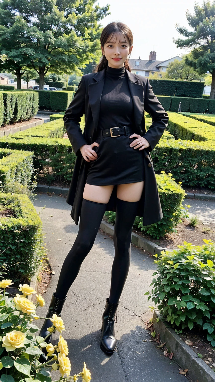 (8k、RAW Photos、Highest quality、masterpiece:1.2)、(Realistic、Realistic)、1 Girl、((Check mini skirt、long coat black、Slender legs、boots、one piece、tights、garden、View from the front、Looking at the camera、belt、Hands on your hips))、cute