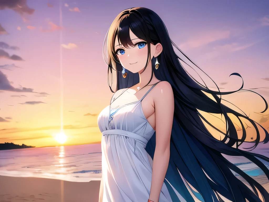 (masterpiece), Highest quality, blue eyes, light black hair,Medium Hair、Expressive eyes, Tropical seaside,Beautiful sunset、Walking on the white sand beach、 highlight, Dramatic Light, Earrings、Smiling face、((Small breasts))、White blouse、whole body、