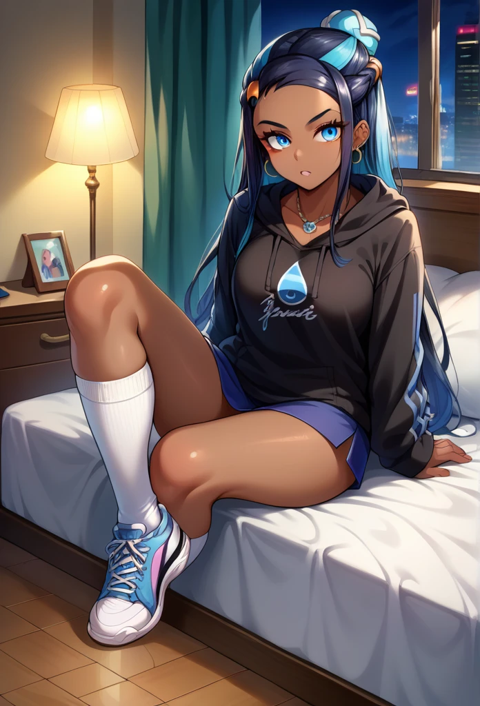 score_9, score_8_up,score_7_up, source_anime, 1girl, solo, EPpkNessa, blue eyes, black hair, blue hair, streaked hair, single hair bun, dark skin, dark-skinned female, necklace, ear piercing, black hoodie, white socks, kneehighs, sneakers, black sneakers, bedroom, bed, at a dark room, at night , city view from the window, gyaru,