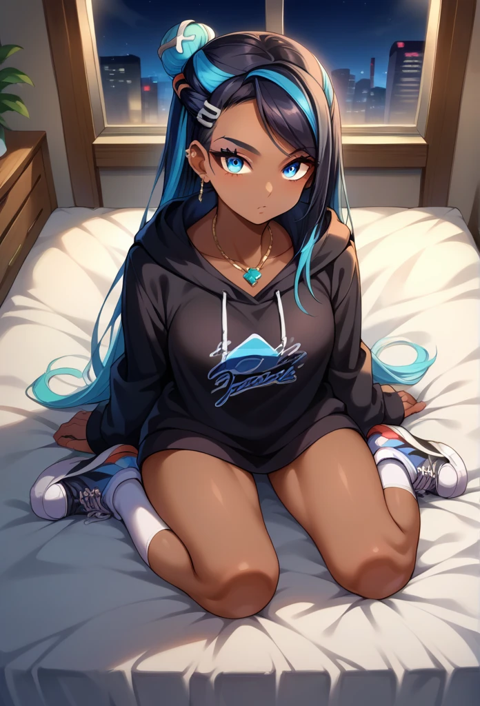 score_9, score_8_up,score_7_up, source_anime, 1girl, solo, EPpkNessa, blue eyes, black hair, blue hair, streaked hair, single hair bun, dark skin, dark-skinned female, necklace, ear piercing, black hoodie, white socks, kneehighs, sneakers, black sneakers, bedroom, bed, at a dark room, at night , city view from the window, gyaru,