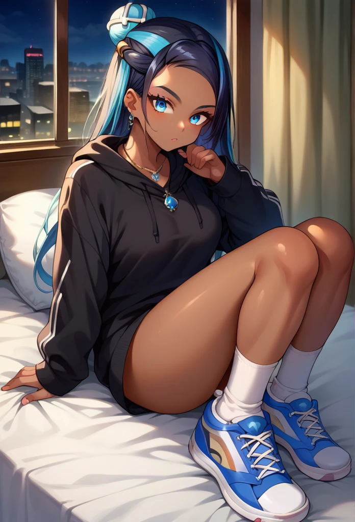 score_9, score_8_up,score_7_up, source_anime, 1girl, solo, EPpkNessa, blue eyes, black hair, blue hair, streaked hair, single hair bun, dark skin, dark-skinned female, necklace, ear piercing, black hoodie, white socks, kneehighs, sneakers, black sneakers, bedroom, bed, at a dark room, at night , city view from the window, gyaru,