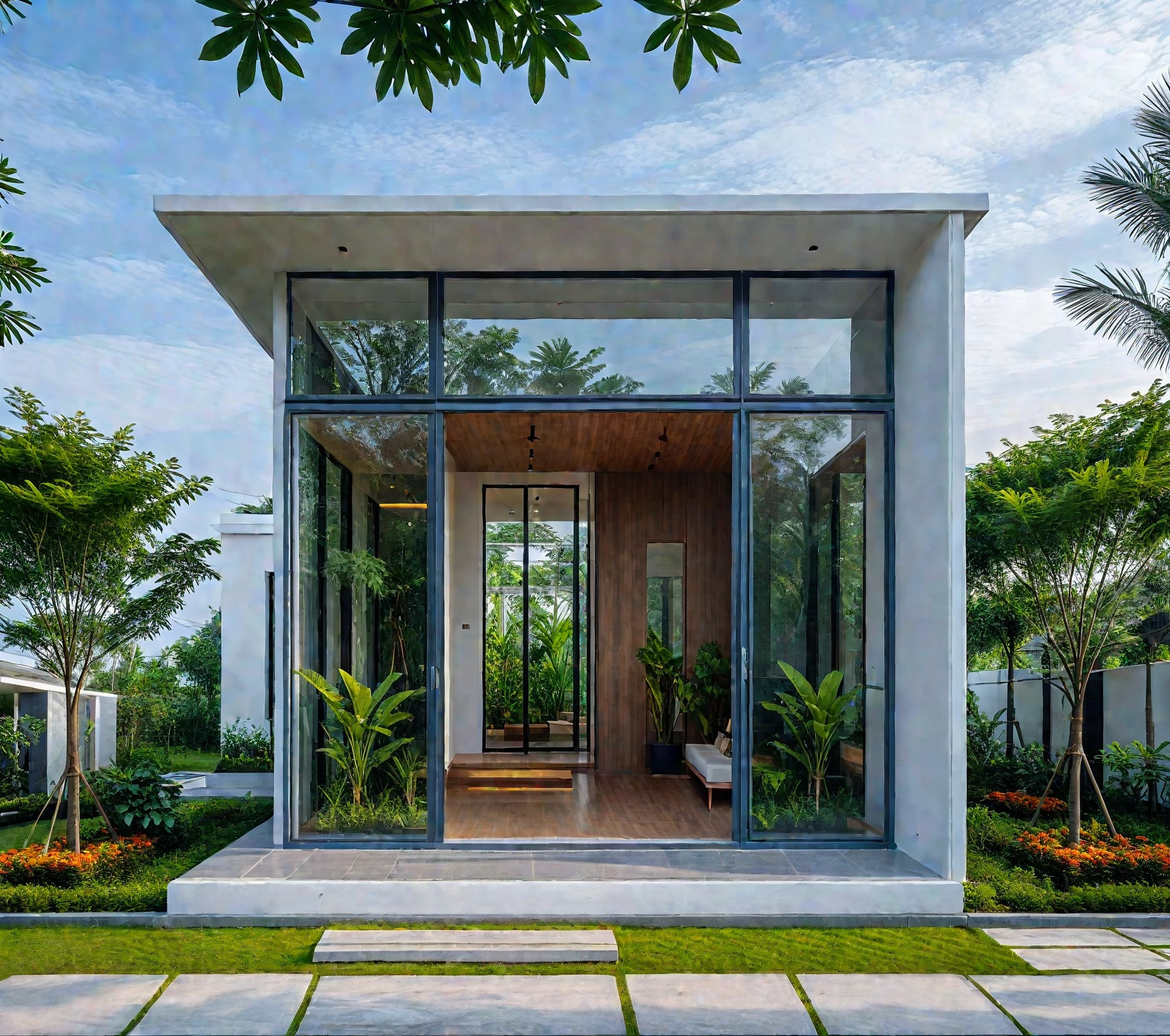 A hyper-realistic , a modern one-story house with a minimalist design, (very small house: 1.2) ,((with a facade less than 4 meters wide:1.2)), white and glass materials, wood, The house has a thick roof, large floor-to-ceiling glass windows, The garden includes various tropical plants and trees. (house as the showroom mini furniture:1.2), front view, elevation view, fencen