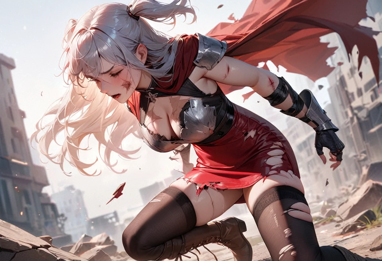 (best quality), (masterpiece), very aesthetic, absurdres, high res, all detailed, realistic, 1girl, (two side up), long hair, silver hair, (red pencil Dress, one side shoulders armor with Cape, red pencil miniskirt), medium cleavage, Gauntlet, boots, [black thigh-highs], [white panties], (injury skin, scar skin, bleeding skin, torn clothes:1.1), Broken Armor, BREAK (a woman entangled in the spider's web, cobweb restrained, spiderweb bound limbs), zettai ryouiki, kneeling, (closed eyes), cry, tears, sigh, blush, sweat, (outdoors, prison), cinematic lighting, diffraction spikes, 