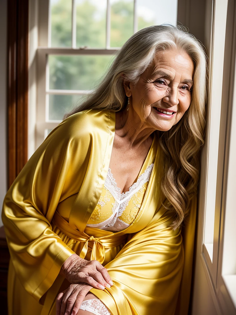 Mature old woman 80 years with long hair, plus size, old face and body with many wrinkles, loose skin, smiling standing near the window with beautiful view, posing for photo, She wearing yellow robe, white lingerie and white lace stockings, side view. jaw dropping mature older beauty, old face and body with wrinkles, old face, attractive grandma, a gorgeous old hair, beautiful old grandma, lovely older mature grandma, gorgeous beautiful grandma over 80 years old, beautiful long hair grandma, beautiful detailed body and face, a beautiful old granny